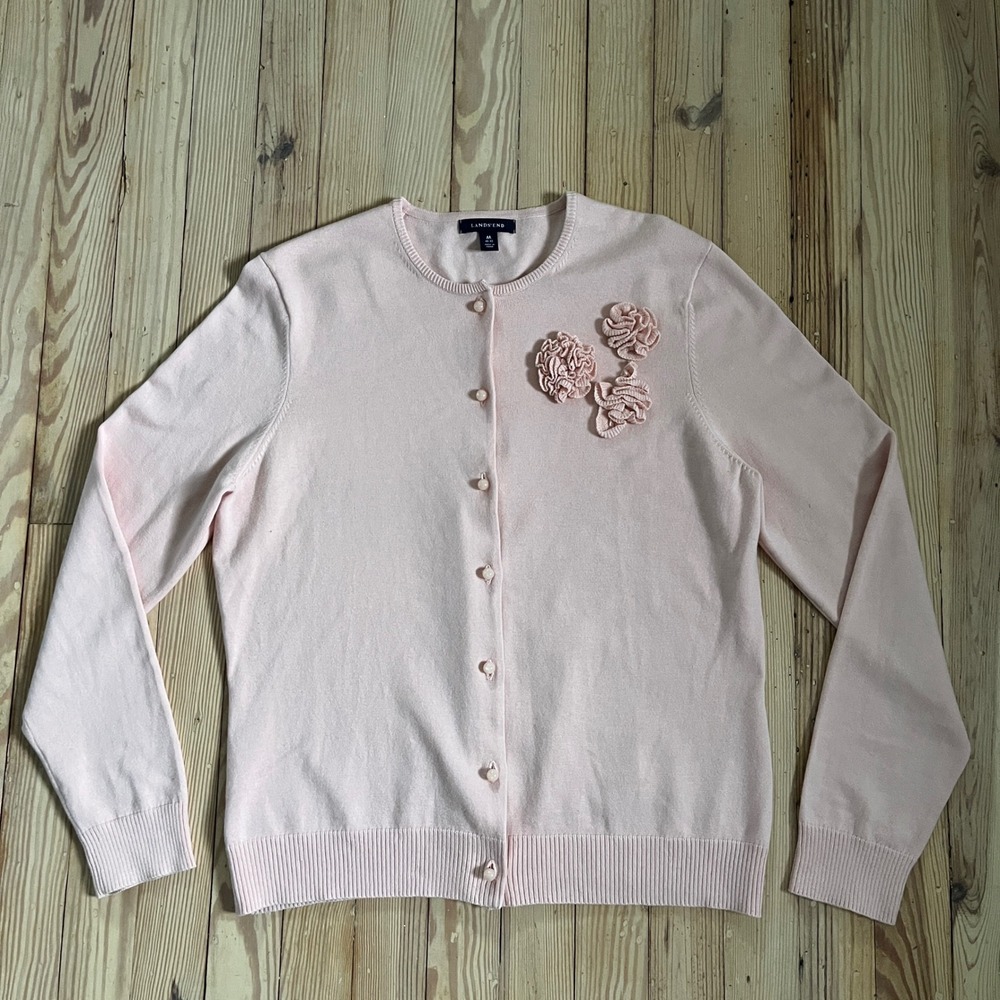 Lands' End Cardigan Sweater Womens M 10-12 Pink 3D Floral Rosette Button Front